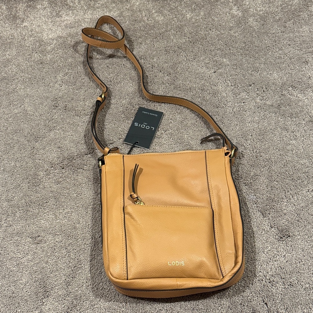 Lodis Cortado Stellene Tan Leather Crossbody Bag Pebbled Front Pocket